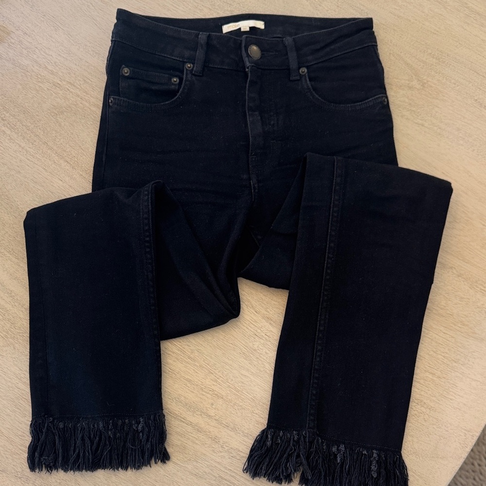 Maje Black Cropped Jeans with Fringe Hem